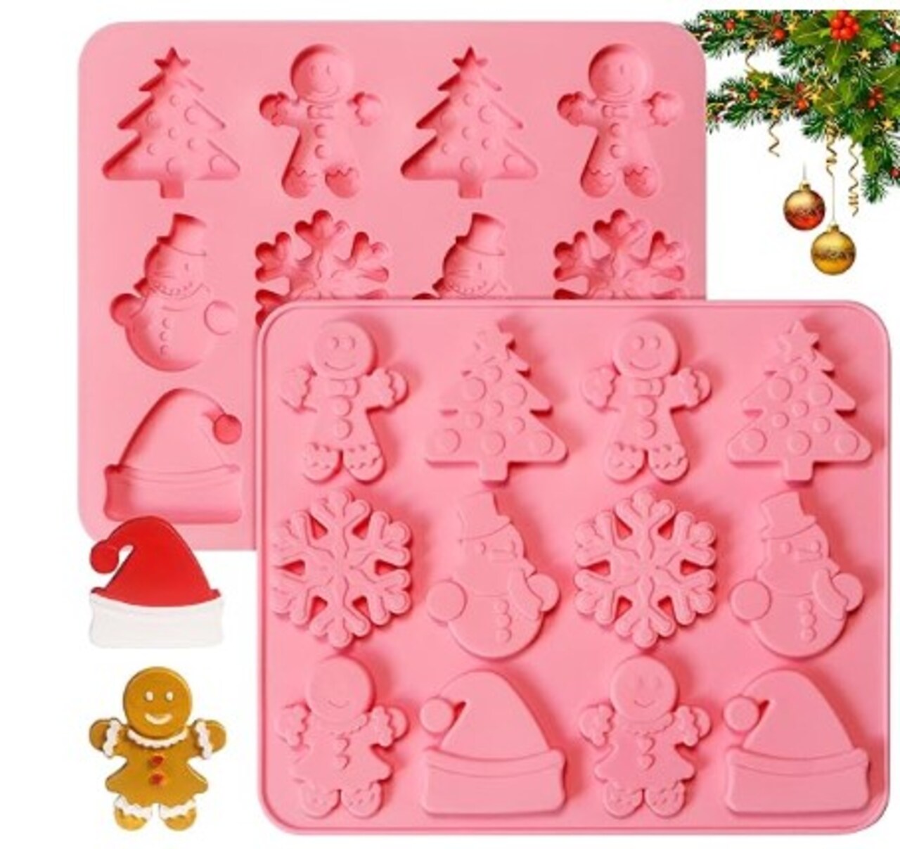 Christmas Chocolate Molds, 2 Pack Candy Molds Made of Silicone Cookies that don't stick Baking Trays with Christmas Elements for Making Gifts and Decorating Parties (Pink)